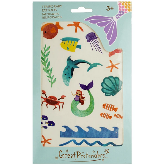 Mermaid Tattoos set with glitter finish featuring mermaids, sharks, fish, and underwater creatures temporary tattoos for kids.