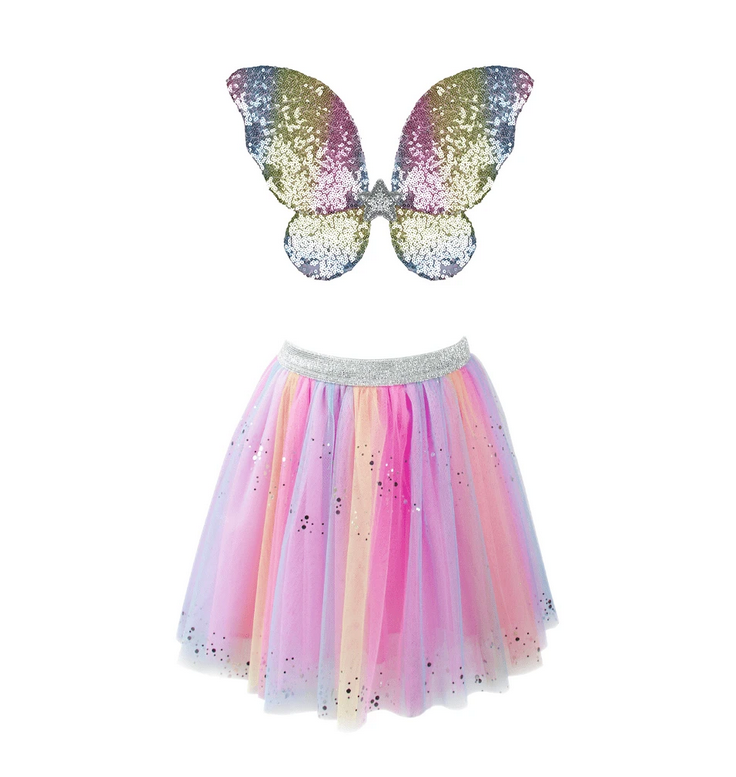 Rainbow Sequin Skirt, Wings & Wand set with a pastel tulle skirt and rainbow sequin butterfly wings, no loose glitter included.
