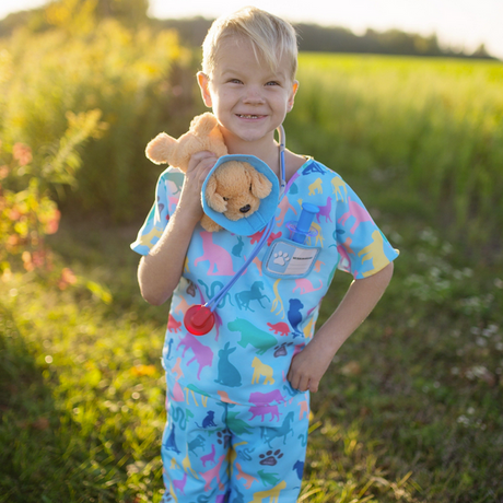 Child wearing Veterinarian Set scrubs holding plush puppy with cone and toy syringe outdoors at sunset.