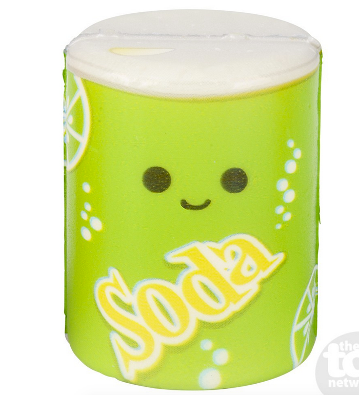 Fun Food Micro Squishy green soda can slow rise mini squishy toy with cute face, 1.5 to 2.5 inches size variety.