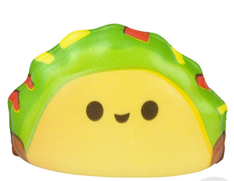 Fun Food Micro Squishy featuring a mini slow rise taco with a smiling face, 1.5 to 2.5 inches in size.