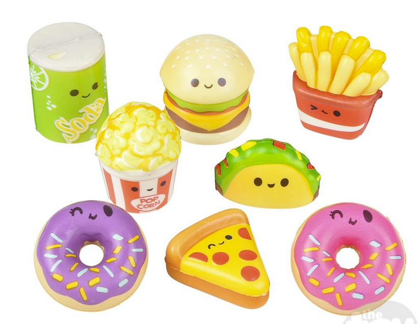 Fun Food Micro Squishy set featuring mini slow rise food designs like burger, fries, donut, taco, pizza, popcorn, and soda.