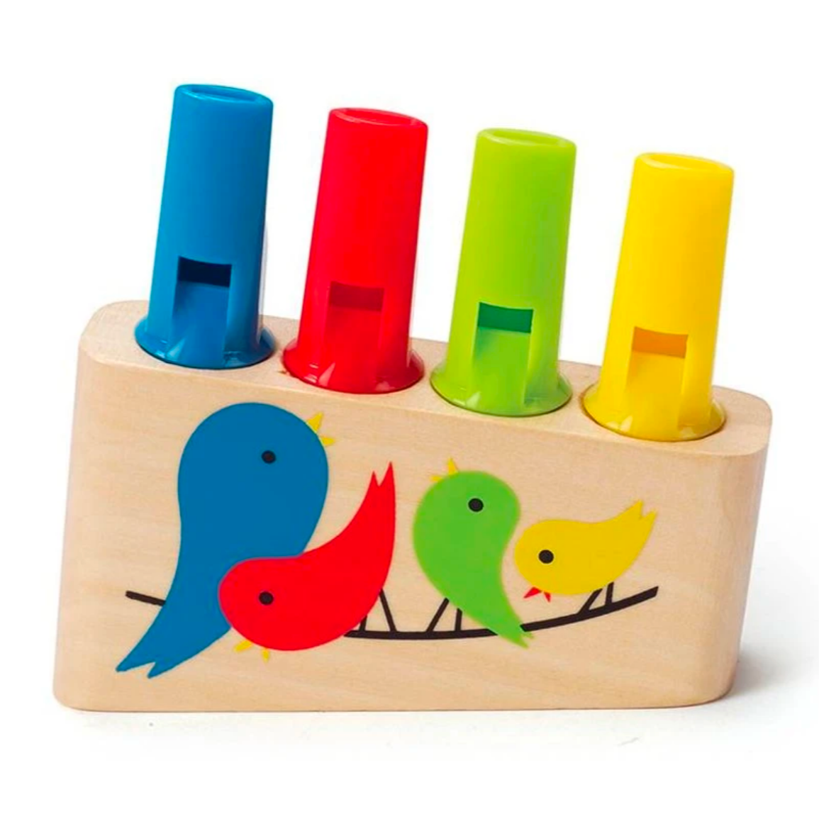 Pan Flute wooden toy with colorful tubes and bird design, perfect for kids to explore music and play four notes.