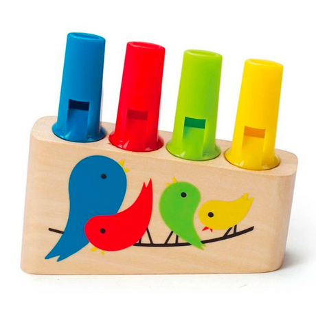 Pan Flute wooden toy with colorful tubes and bird design, perfect for kids to explore music and play four notes.