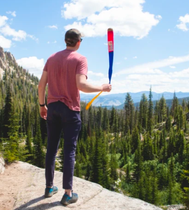 Man throwing Foxtail Sport outdoor toy on a sunny day with mountains and forest in the background.