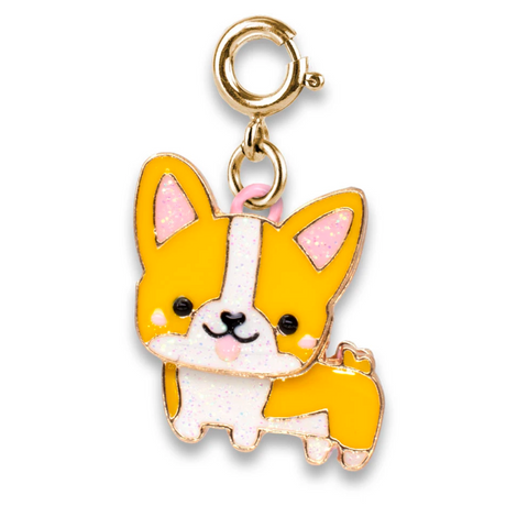 Gold Corgi Charm featuring glittery enamel and base metal, a cheerful accessory to brighten your day.