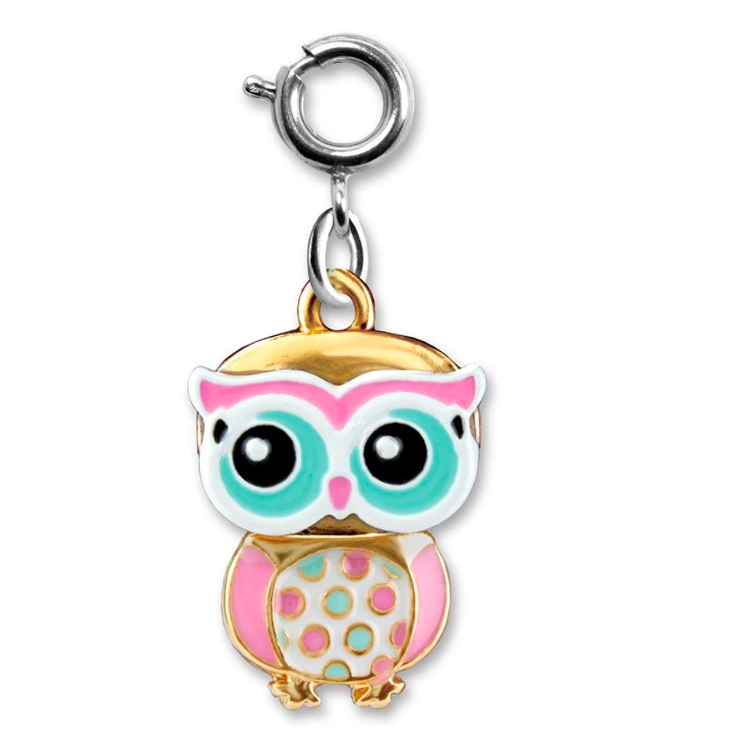 Swivel Owl Charm featuring colorful enamel owl with pink and turquoise details on a silver clasp accessory.