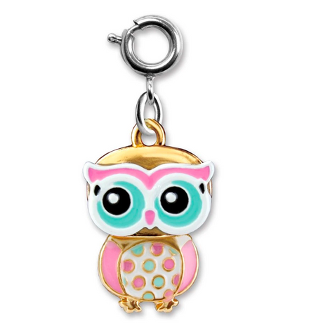 Swivel Owl Charm featuring colorful enamel owl with pink and turquoise details on a silver clasp accessory.