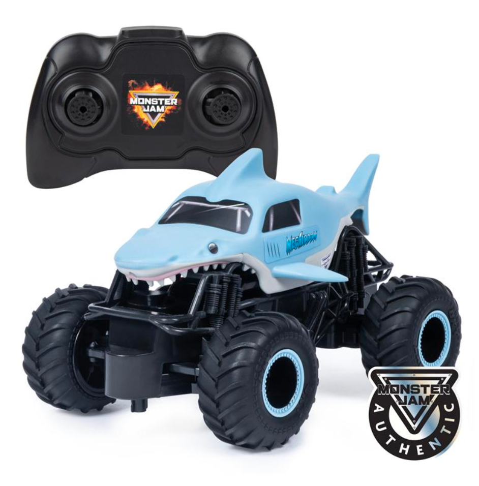RC Monster Jam remote control truck in Megladon design with oversized tires and dual-joystick controller included.