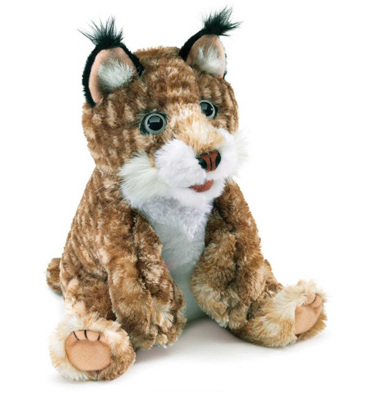 Soft and spotted plush Folkmanis Bobcat Kitten puppet with movable mouth and legs for playful fun.
