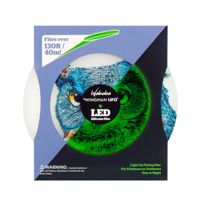 Waboba Wingman Disc UFO LED green light flying disc with 3 modes, foldable silicone, flies over 130ft for indoor/outdoor use.