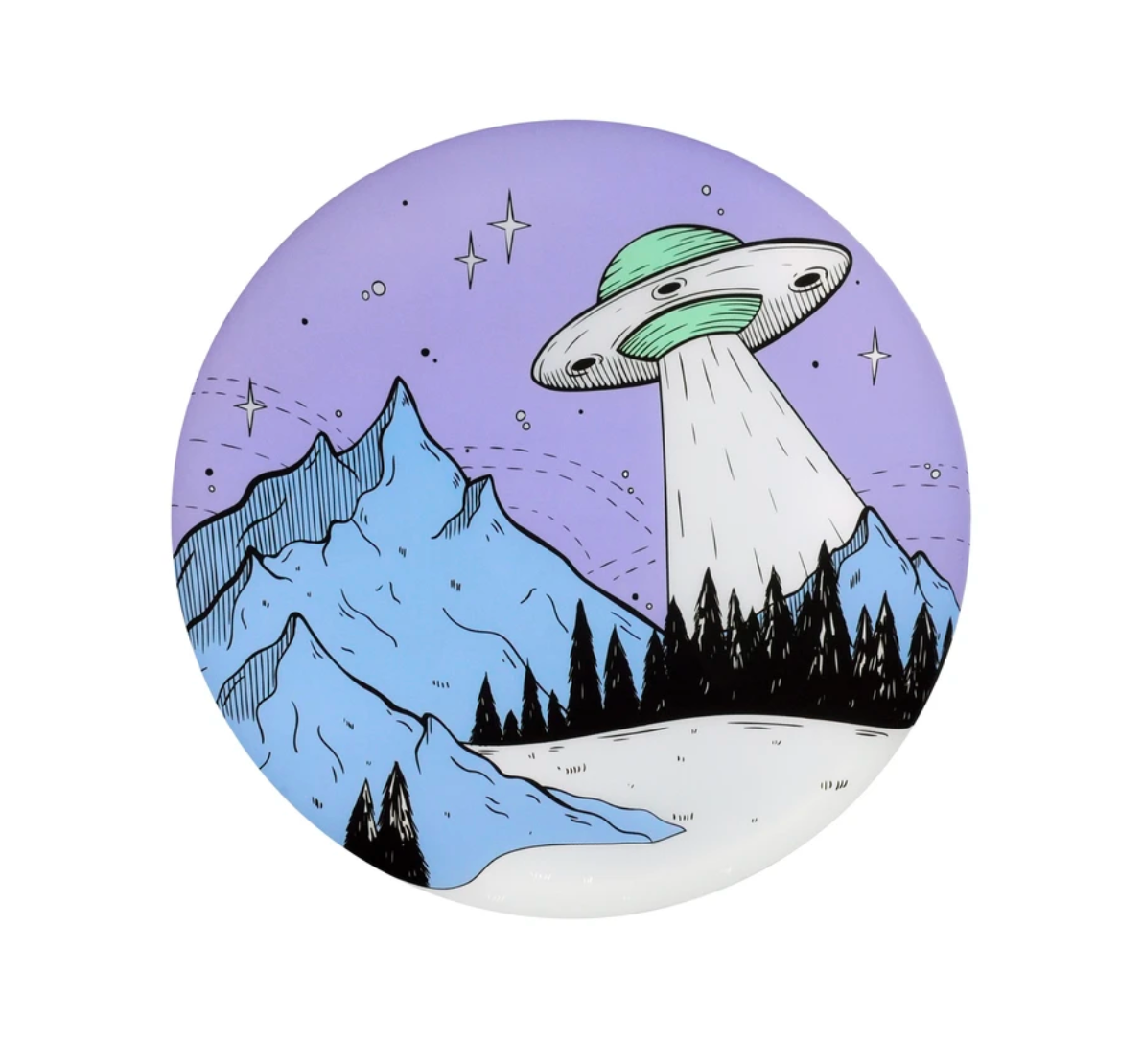 Waboba Wingman Disc UFO LED with mountain and UFO illustration under purple night sky with stars.