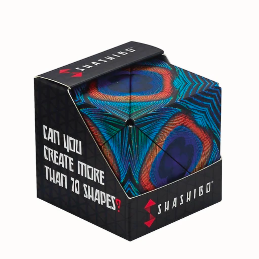 Shashibo | Wings magnetic puzzle cube with peacock feather design, transforms into over 70 shapes, recyclable materials.