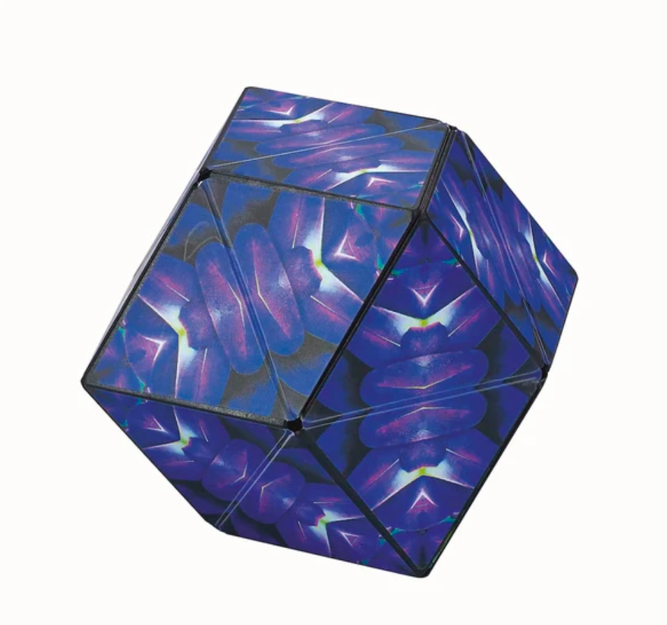 Shashibo | Wings magnetic puzzle cube with vibrant blue and purple wing patterns transforms into multiple geometric shapes.
