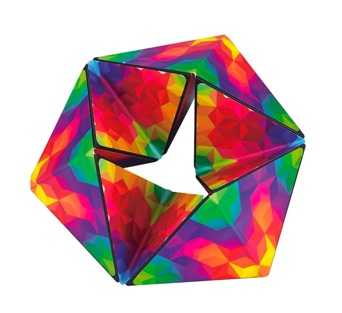 Karmagami sensory toy showing colorful geometric design, flips infinitely for calming and endless fidget fun.