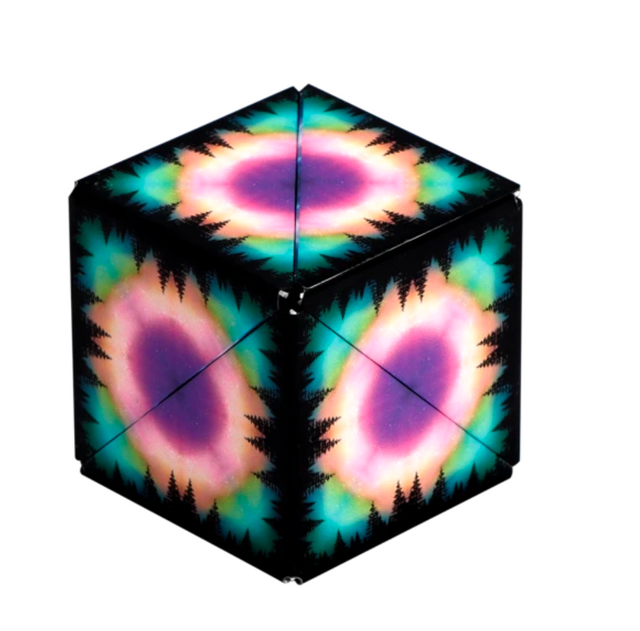 Shashibo | Moon magnetic puzzle cube with colorful galaxy and forest design on a 2.4 inch recyclable plastic cube.