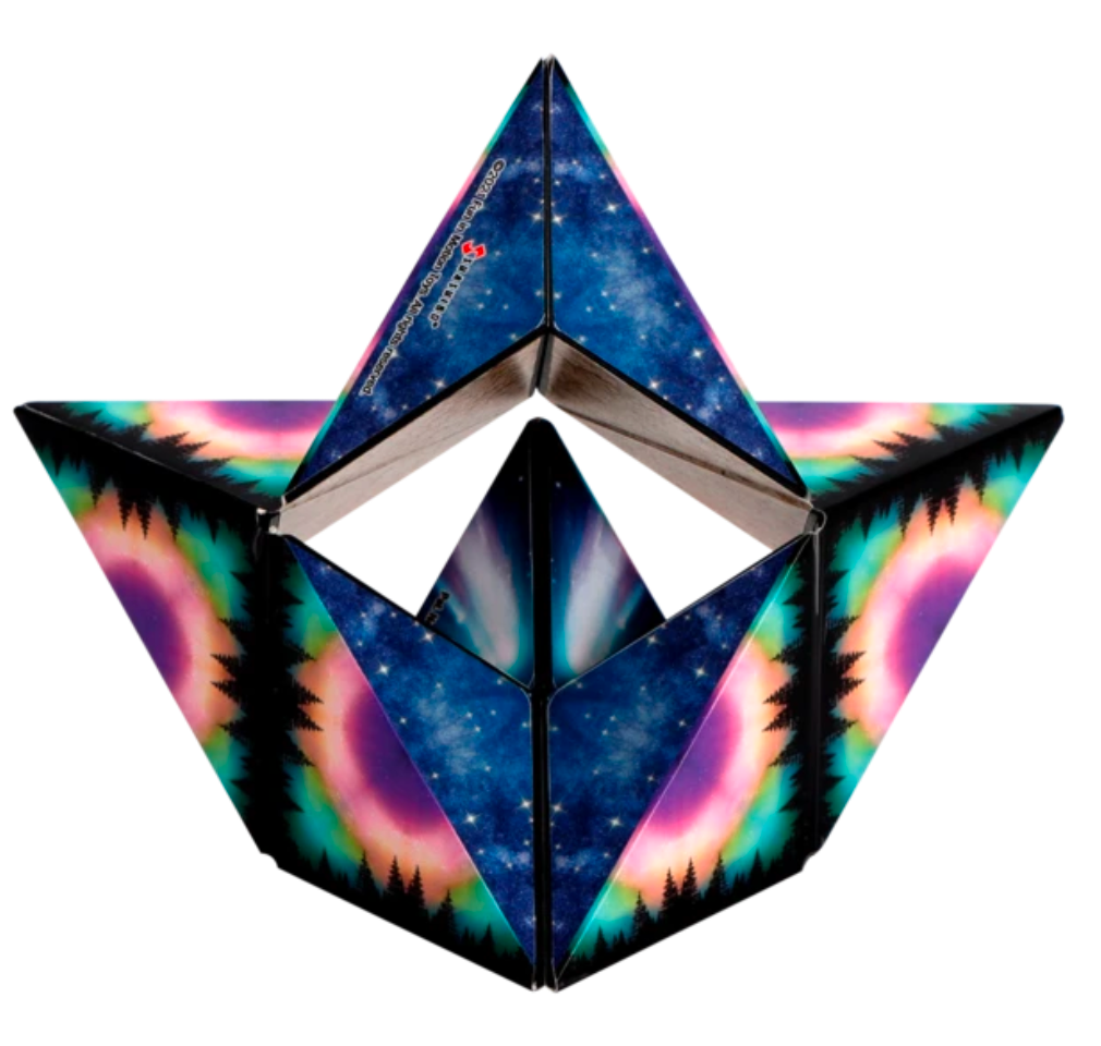 Shashibo | Moon magnetic puzzle cube transformed into a colorful star shape with space and aurora designs.