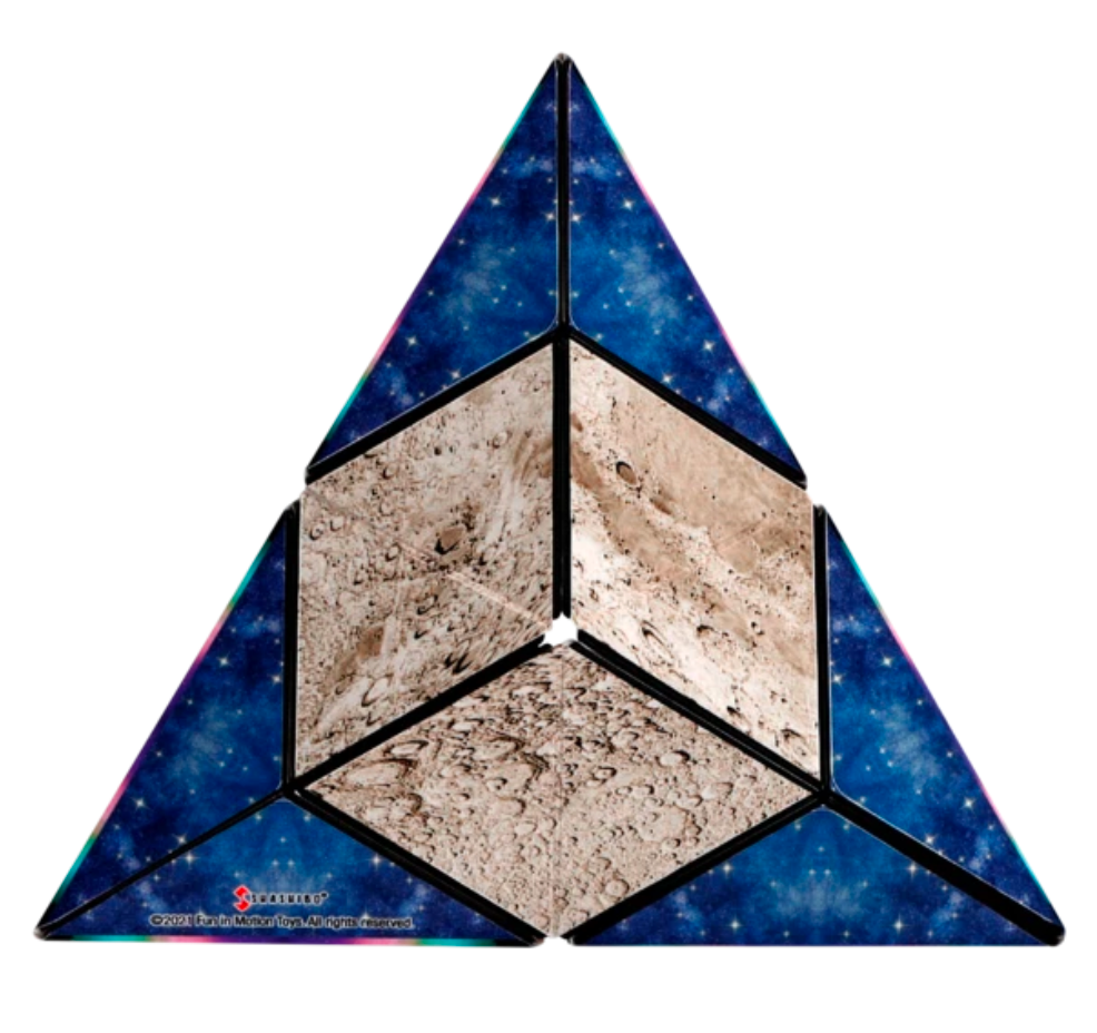 Shashibo | Moon magnetic puzzle cube transformed into a triangular geometric shape with moon and starry sky designs.