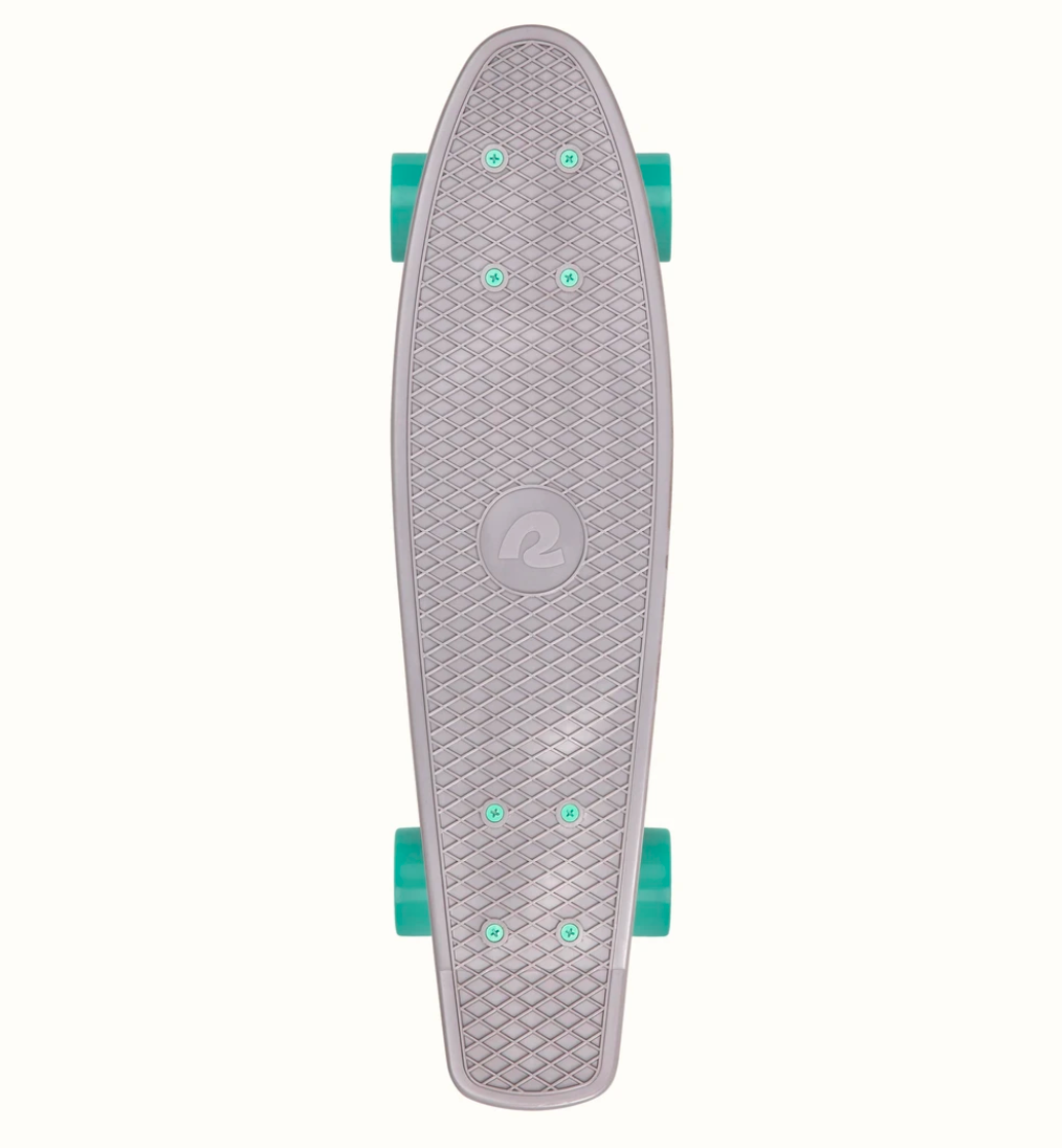 Quip Mini Cruiser Skateboard | Shark shown from top with gray deck and teal wheels, compact and portable design.