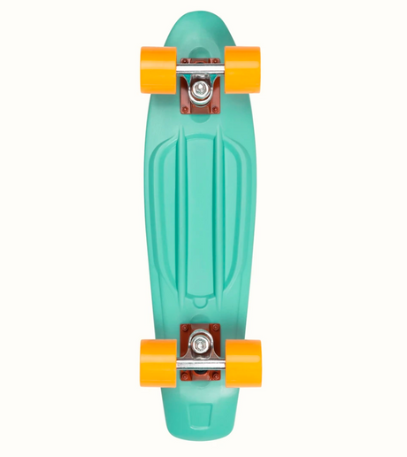 Quip Mini Cruiser Skateboard Seafoam with bright orange wheels and durable flexible plastic deck for smooth cruising.