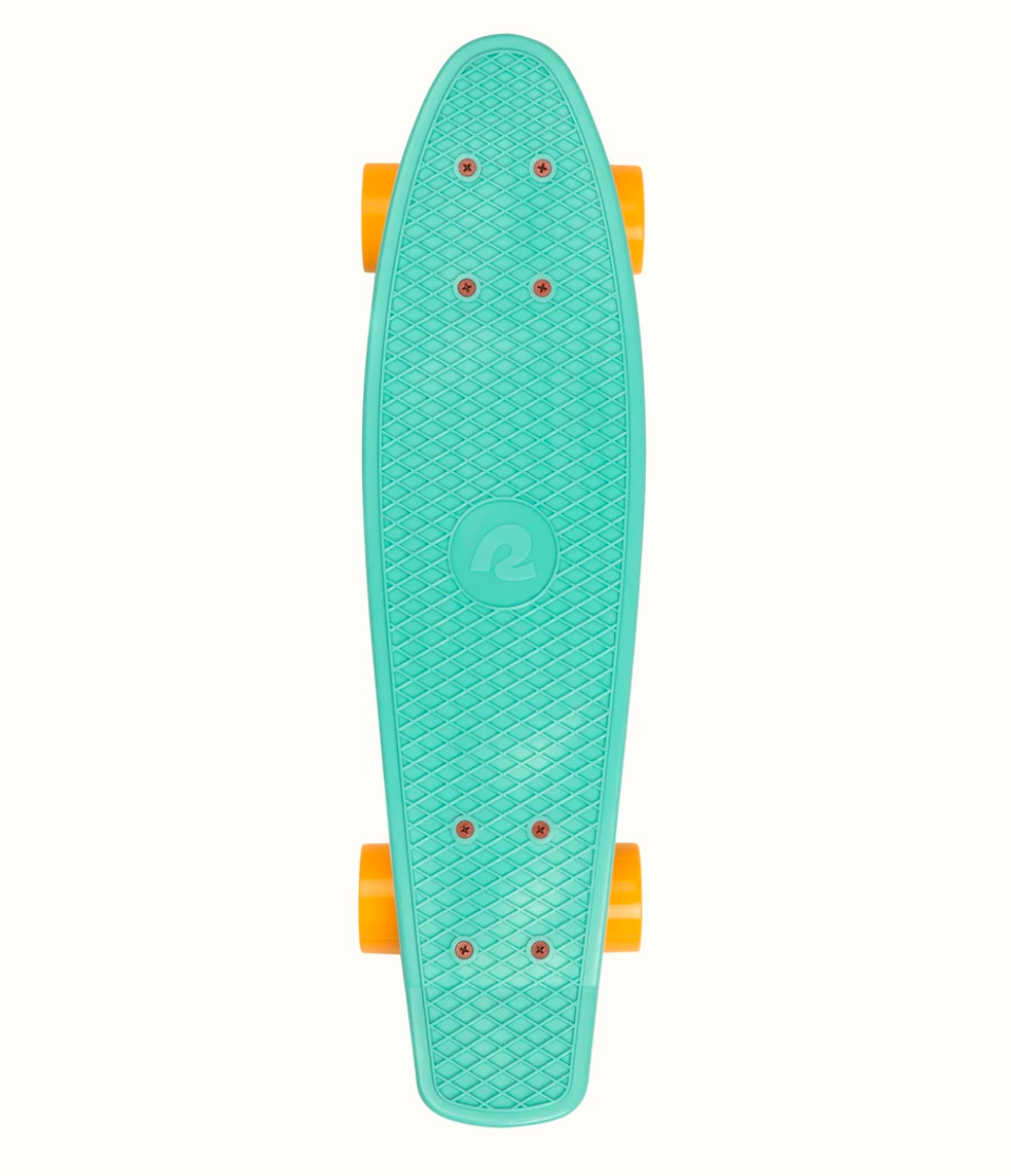 Quip Mini Cruiser Skateboard Seafoam in teal with orange wheels, compact and lightweight for easy portable skating.