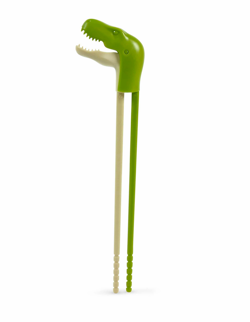 Munchtime Chopsticks T-Rex in green with animated biting action, designed for easy use and playful mealtime fun.