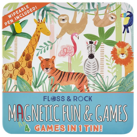 Magnetic Games | Jungle featuring colorful jungle animals on a portable magnetic tin with wipeable pen included.