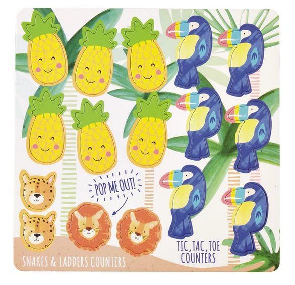 Magnetic Games | Jungle tropical-themed magnetic pineapples, toucans, and animal counters for snakes & ladders and tic tac toe.