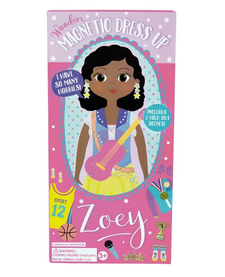 Magnetic Dress Up | Zoey wooden doll set with 7 outfits and 2 fold out scenes in a reusable gift box.