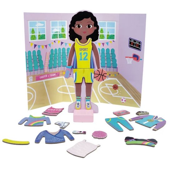 Magnetic Dress Up | Zoey wooden doll with basketball outfit, reversible backdrop, and magnetic accessories set.