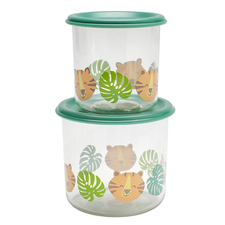 Good Lunch Snack Containers | Tigers set of two clear, durable, leak-proof snack containers with green lids and tiger design.