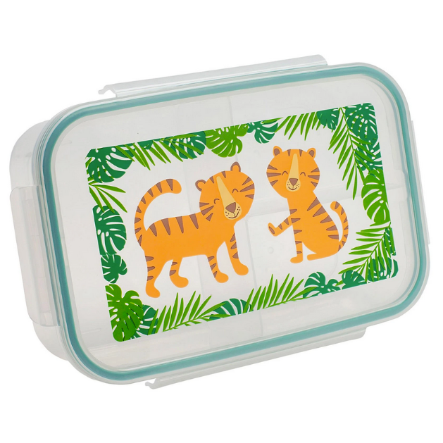 Good Lunch Bento Box | Tigers with three compartments and playful tiger design surrounded by green palm leaves.