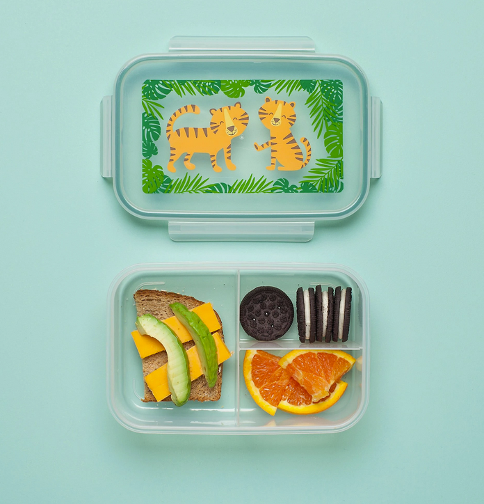 Good Lunch Bento Box | Tigers with three compartments holding sandwich, orange slices, and cookies, tiger design lid.