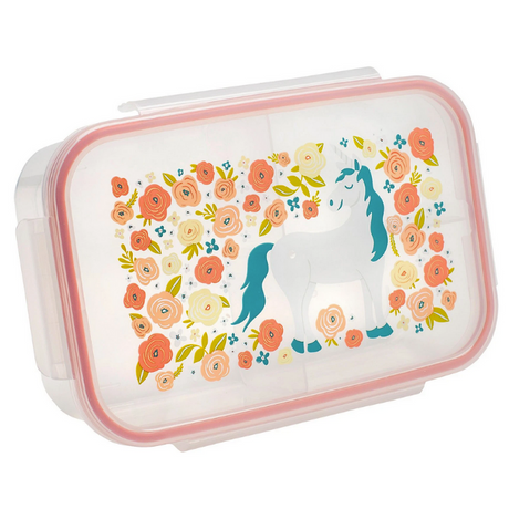 Good Lunch Bento Box | Unicorns with unicorn and floral design, three compartments, airtight locking lid, kid-friendly and microwavable.