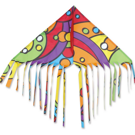 32" Fringe Kite | Rainbow Orbit featuring colorful fringe delta design with geometric patterns and wood frame.