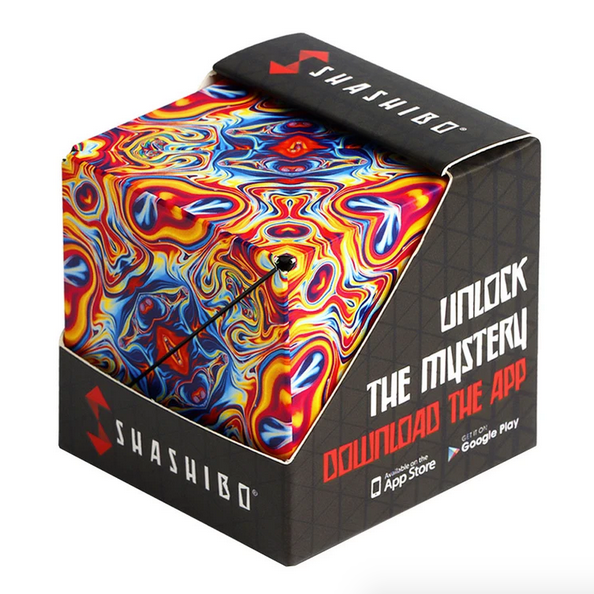 Shashibo | Spaced Out magnetic puzzle cube with vibrant, colorful swirling pattern in branded packaging box.