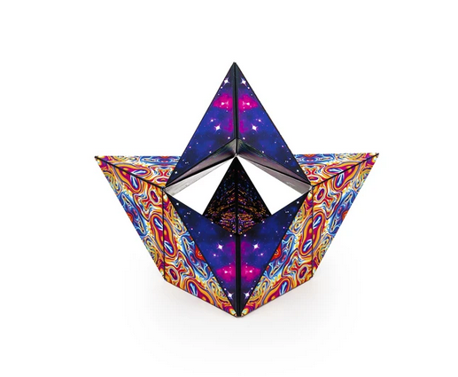 Shashibo | Spaced Out magnetic puzzle cube transformed into a colorful geometric star shape with vibrant space and abstract designs.