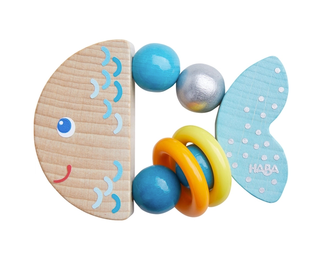 Clutching Rattlefish baby toy made of wood and plastic rings for rattling sounds, designed for 6-18 months.