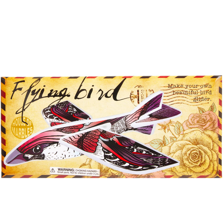 Flying Bird Glider with red and black mini flying bird design, flat-packed for easy assembly and fun play.