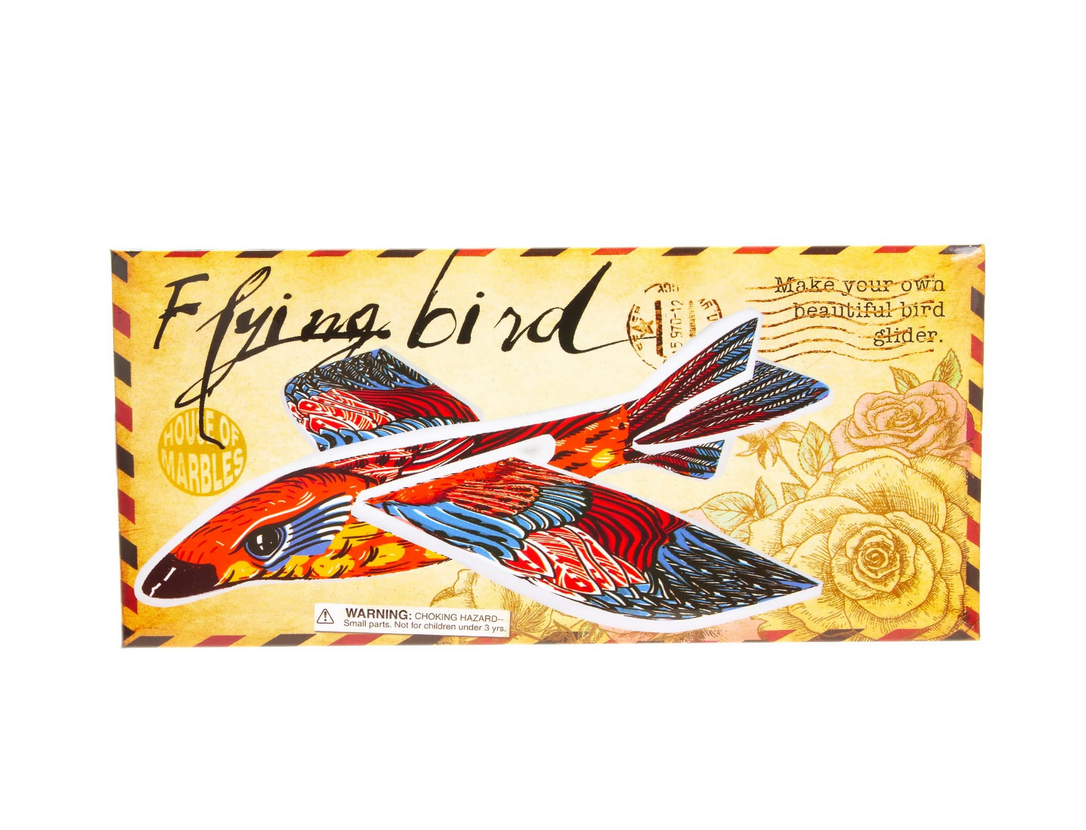 Flying Bird Glider packaging showing colorful mini flying bird design for a fun DIY constructable toy.