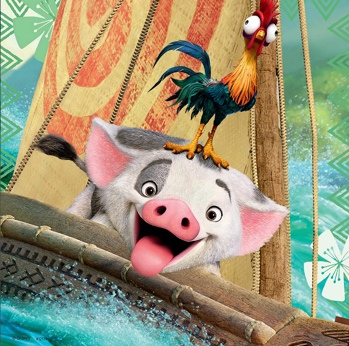 49pc Moana Voyage Puzzles featuring Pua the pig and Hei Hei the rooster on a boat with ocean waves background