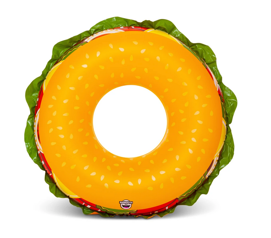 Pool Float | Cheeseburger shaped inflatable pool float with lettuce and sesame seed bun design, perfect for summer fun.