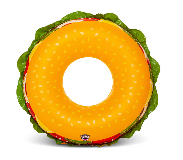 Pool Float | Cheeseburger shaped inflatable pool float with lettuce and sesame seed bun design, perfect for summer fun.