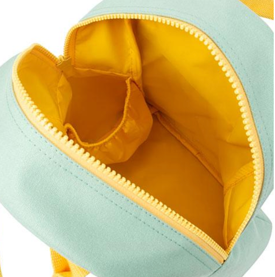Open zipper lunch bag Happy Bread showing roomy, food-safe, washable interior with pocket for bottle or ice pack.