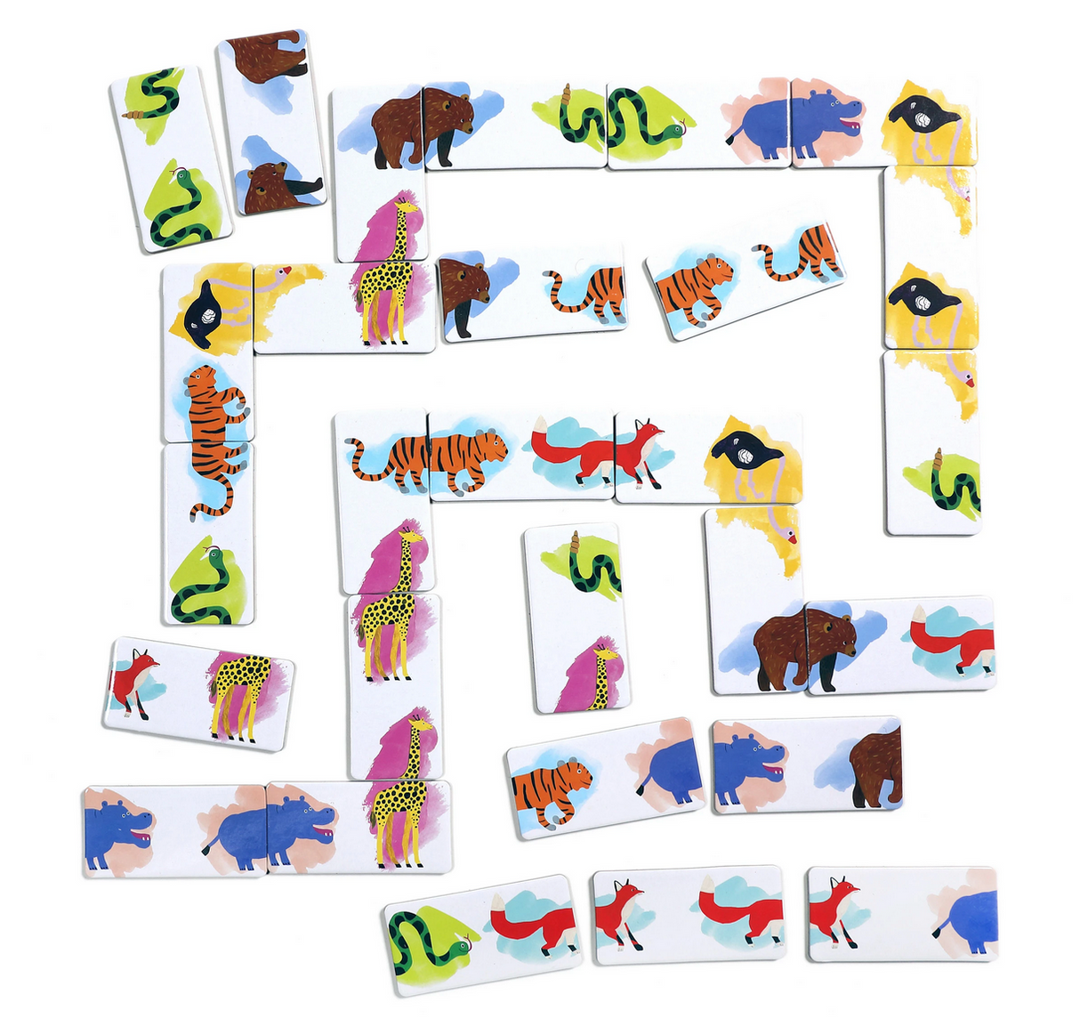 Dominoes Head to Toe featuring colorful animal illustrations like giraffes, tigers, snakes, and bears arranged for play.