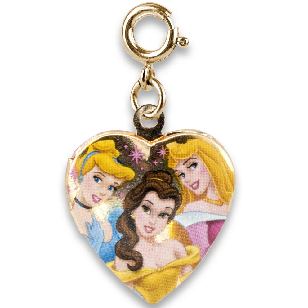 Gold Princess Locket Charm featuring Cinderella, Belle, and Aurora in a heart-shaped gold locket charm.