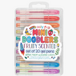 Mini Doodlers Fruity Scented Gel Pens set of 20 glitter, neon, and pastel colors in a reusable plastic case.