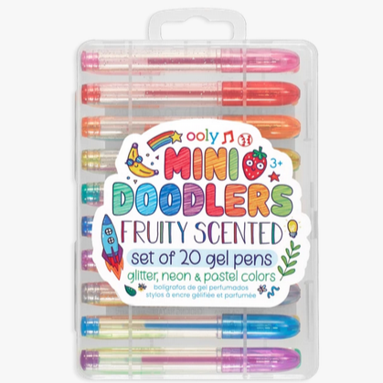 Mini Doodlers Fruity Scented Gel Pens set of 20 glitter, neon, and pastel colors in a reusable plastic case.