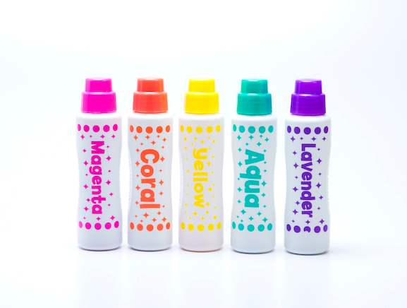 Do A Dot Art! Shimmer Markers in five bright shimmering colors with no spill, no splash bottles for easy use and cleanup.