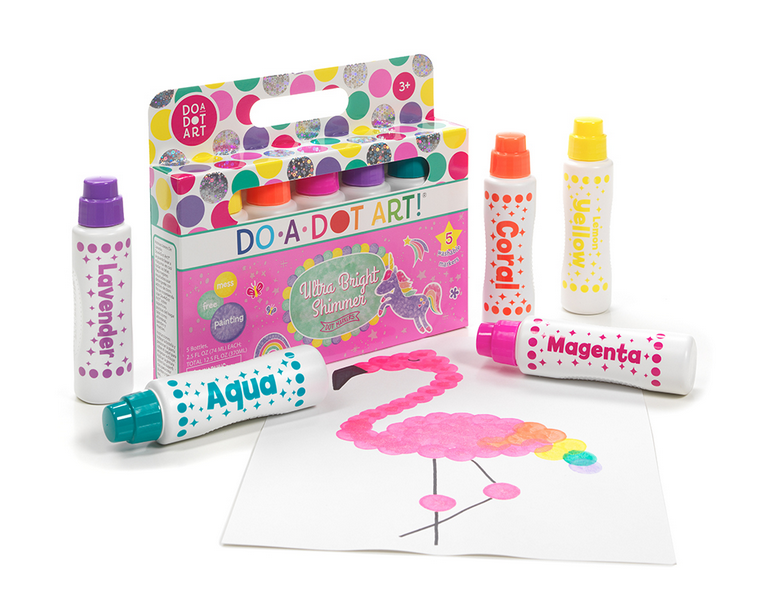 Do A Dot Art! Shimmer Markers with five bright colors and no-spill bottles, perfect for kids' creative wall art.